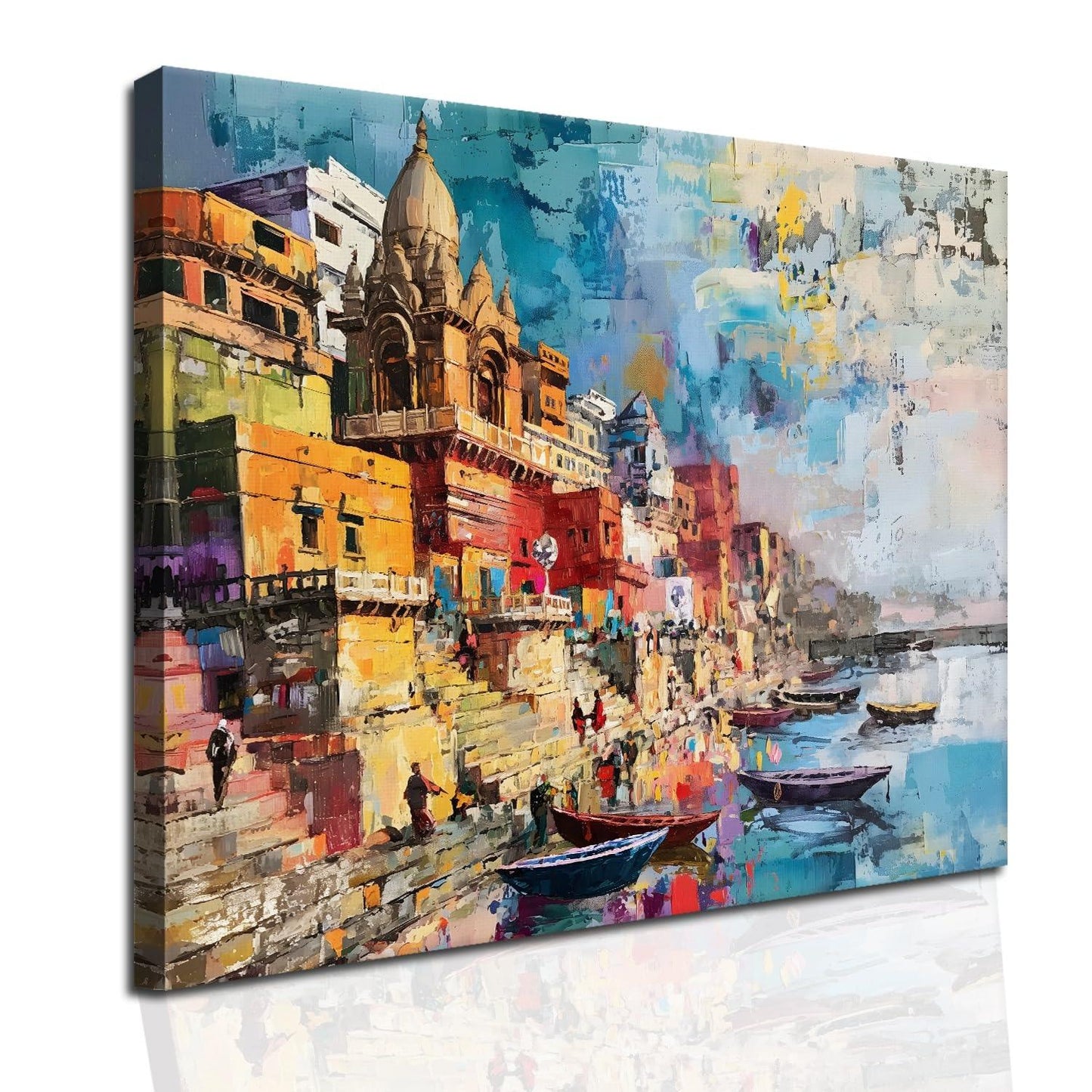 Ethnic Traditional Indian Varanasi Ganga Ghat Banaras Wall Art Canvas Painting For Home Decor - Khirki.in