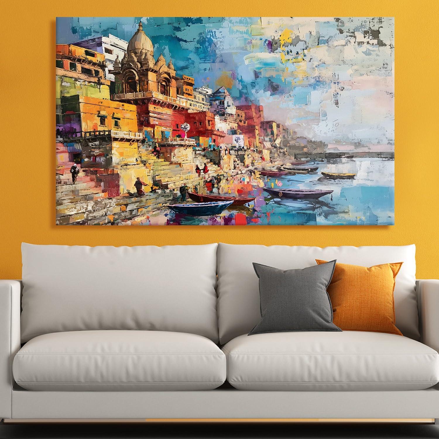 Ethnic Traditional Indian Varanasi Ganga Ghat Banaras Wall Art Canvas Painting For Home Decor - Khirki.in 