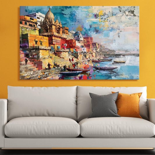 Ethnic Traditional Indian Varanasi Ganga Ghat Banaras Wall Art Canvas Painting For Home Decor - Khirki.in 