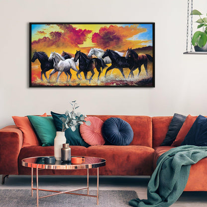 Seven Horses Vastu Canvas Paintings Framed For Living Room Wall Decoration (VAWA01) - Khirki.in 