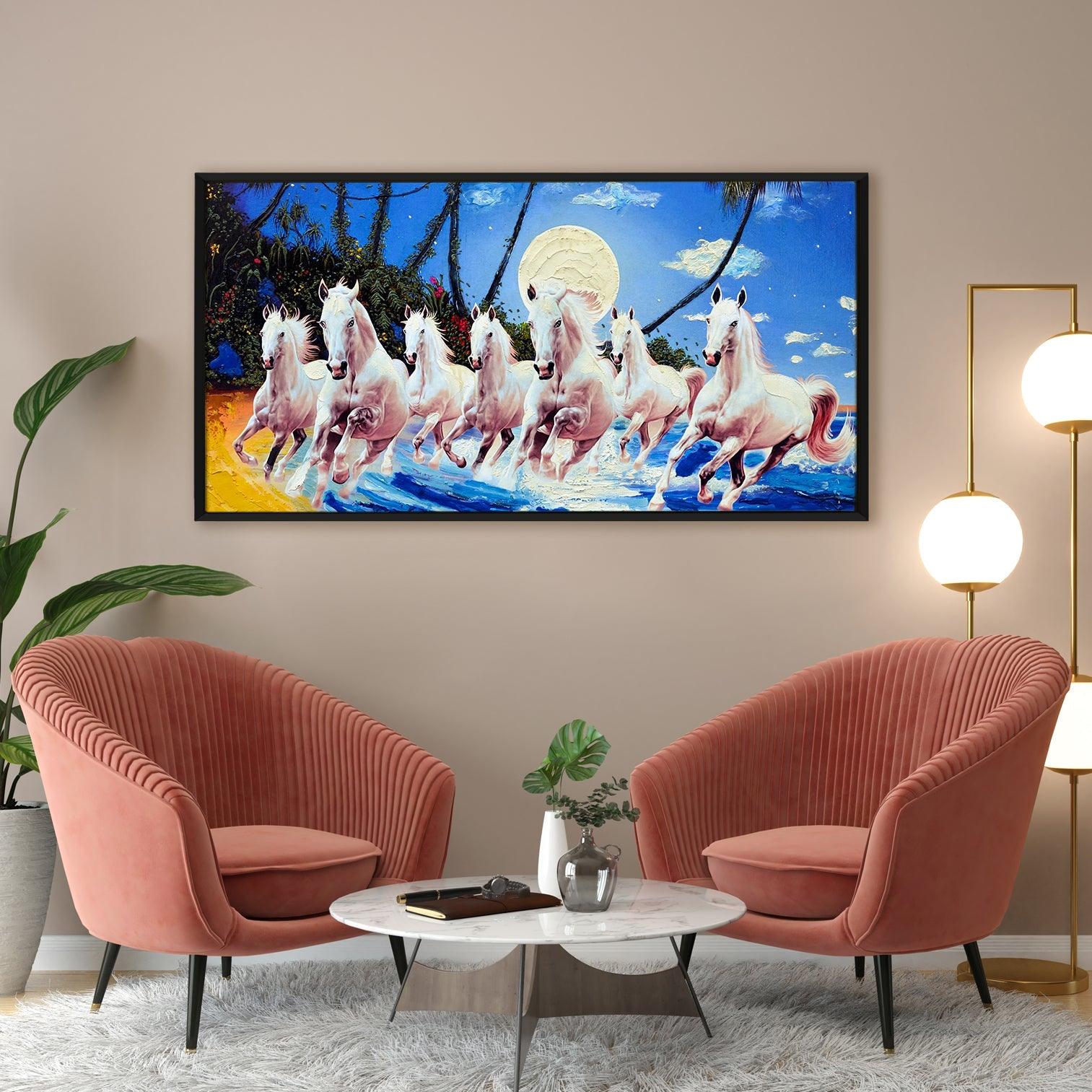 Seven Running Horses Vastu Canvas Paintings Framed For Living Room Wall Decoration (VAWA03) - Khirki.in 