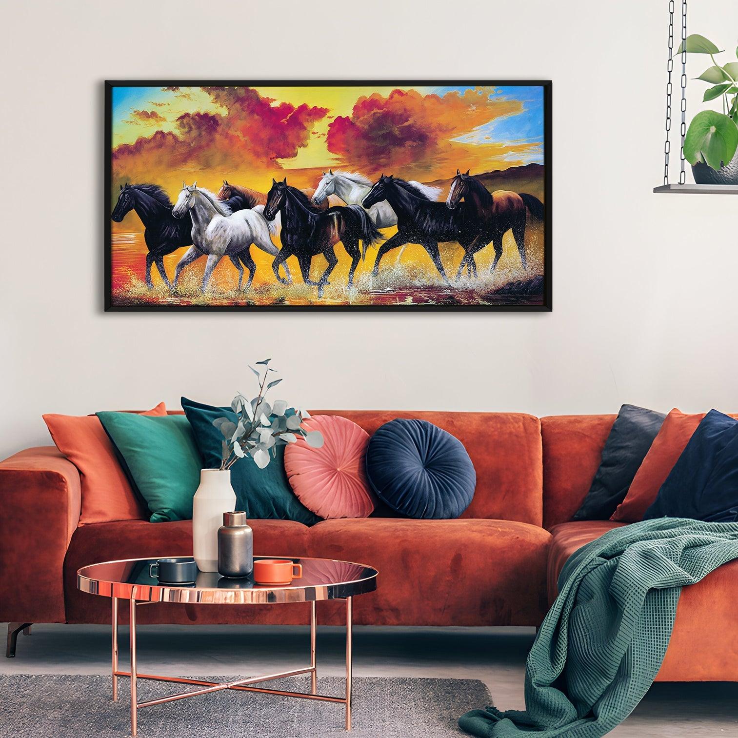 Seven Horses Vastu Canvas Paintings Framed For Living Room Wall Decoration (VAWA01) - Khirki.in 