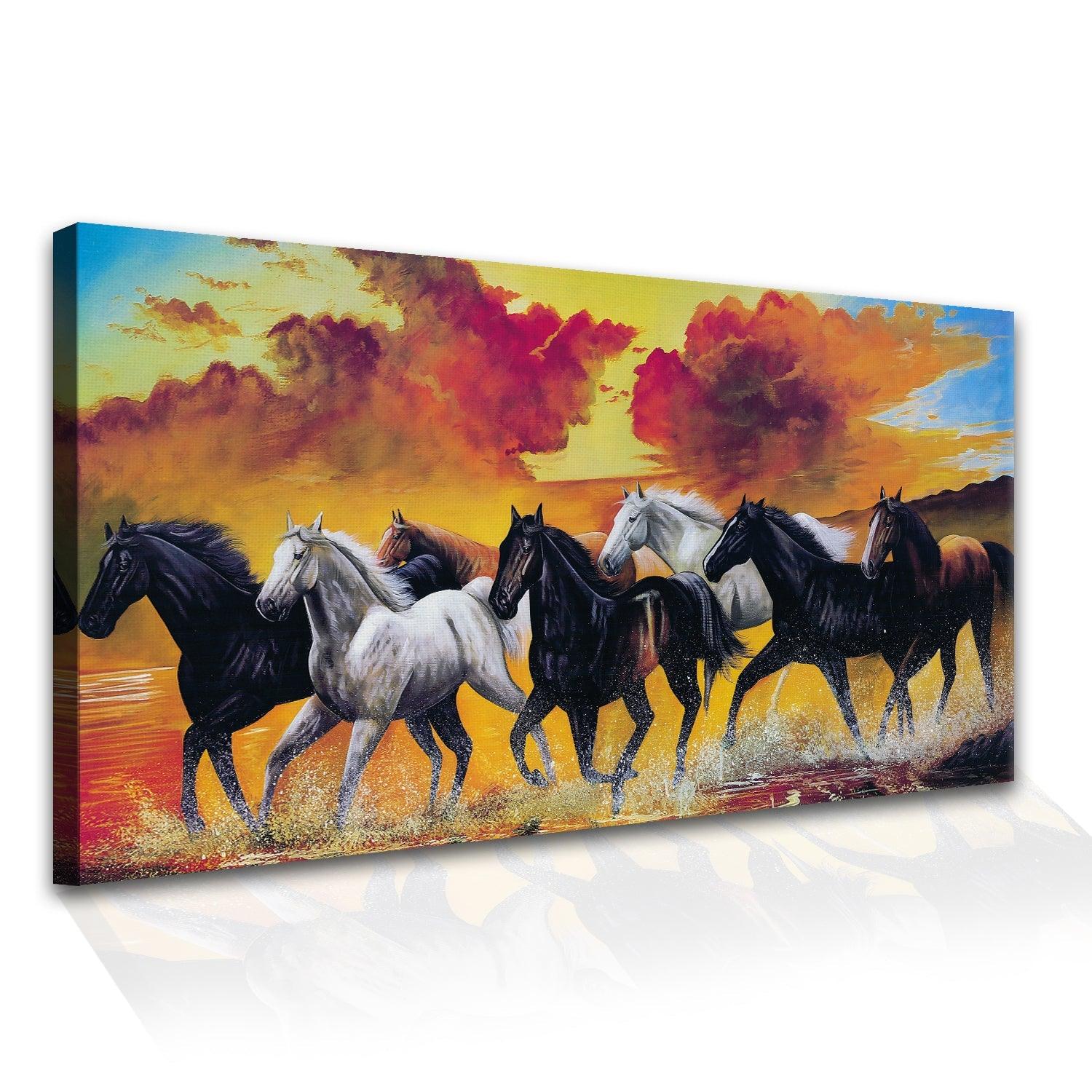 Seven Horses Vastu Canvas Paintings Framed For Living Room Wall Decoration (VAWA01) - Khirki.in 