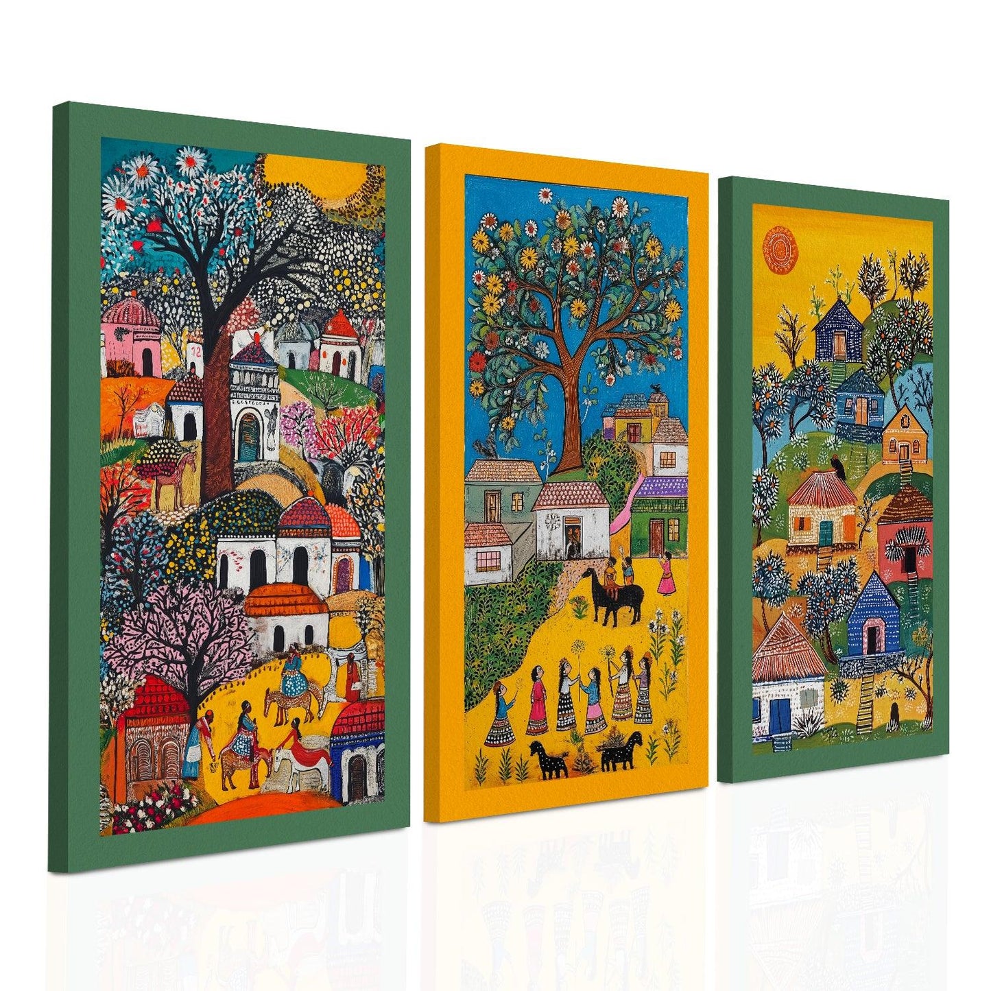 Madhubani paintings for living room. Set of 3 canvas wrapped framed madhubani art for wall decor. 12 x 24 inch x 3 frames (MDBWA004)