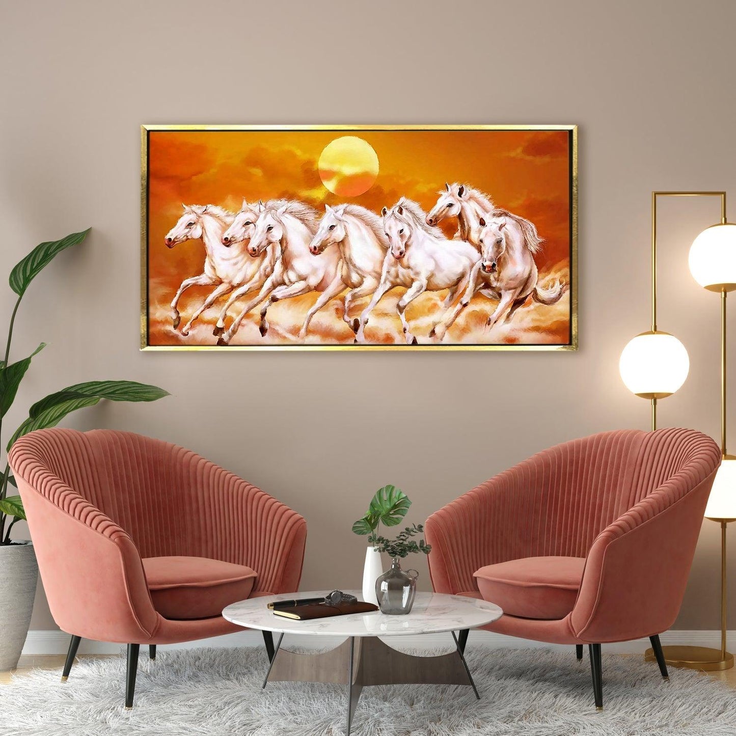 Seven Running Horses Vastu Canvas Paintings Framed For Living Room Wall Decoration (VAWA06) - Khirki.in 
