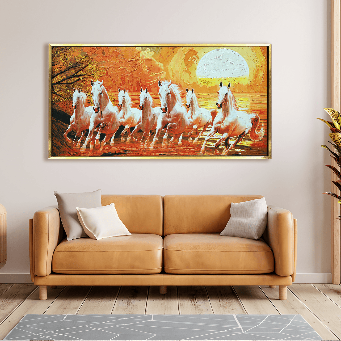 Seven Running Horses Vastu Canvas Paintings Framed For Living Room Wall Decoration (VAWA02) - Khirki.in 