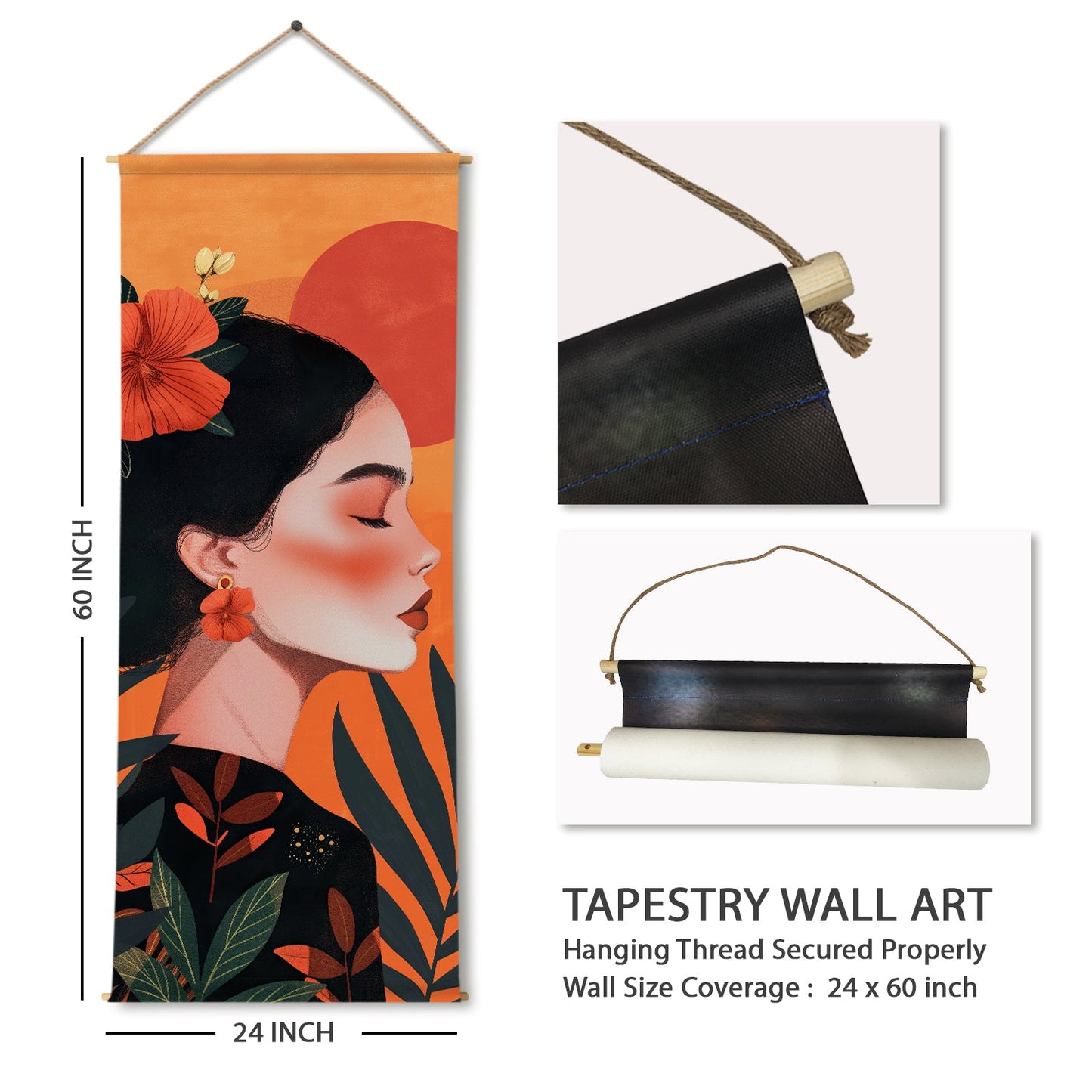 Large Wallpaper Style Wall Hanging Tapestry. Thick fabric, Ready to Hang Wall Décor. Size 24 In x 60 In. BOHOTPS001