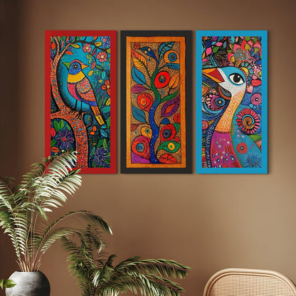 Madhubani paintings for living room. Set of 3 canvas wrapped framed madhubani art for wall decor. 12 x 24 inch x 3 frames (MDBWA005)