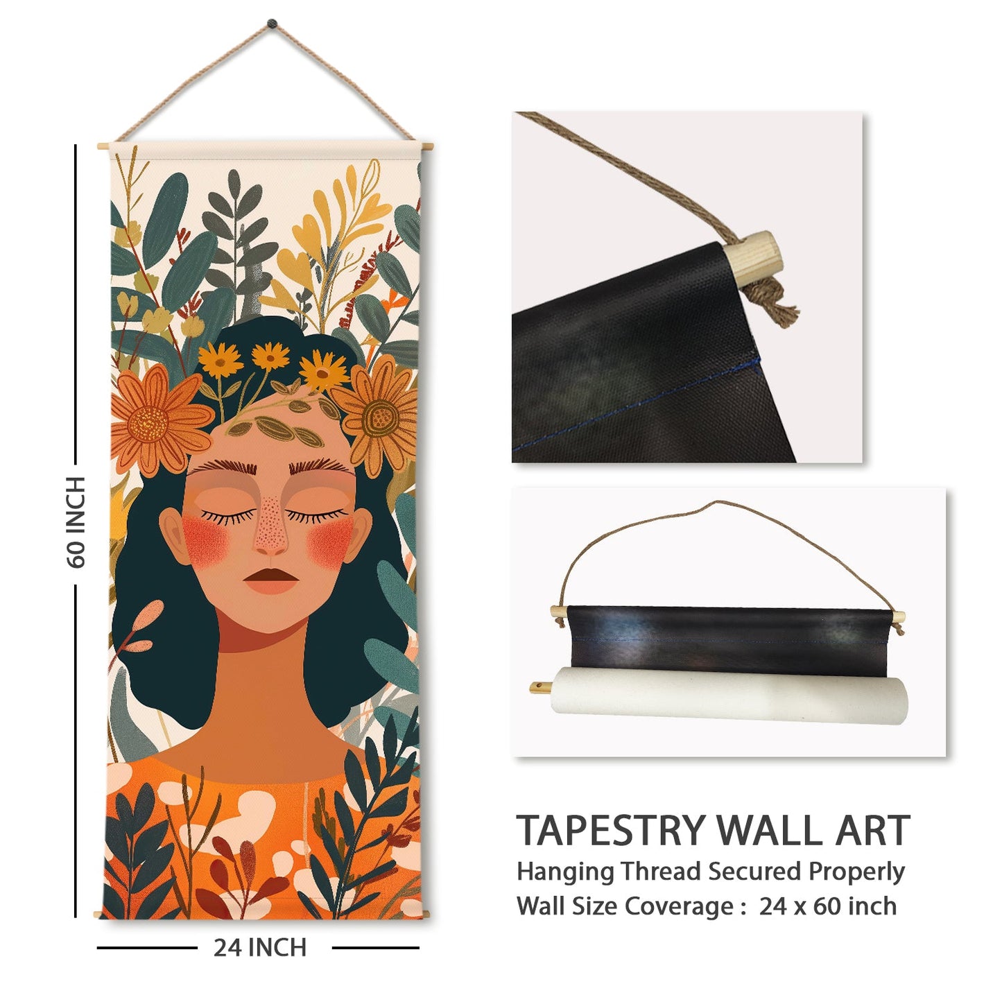 Large Wallpaper Style Wall Hanging Tapestry. Thick fabric, Ready to Hang Wall Décor. Size 24 In x 60 In. BOHOTPS007