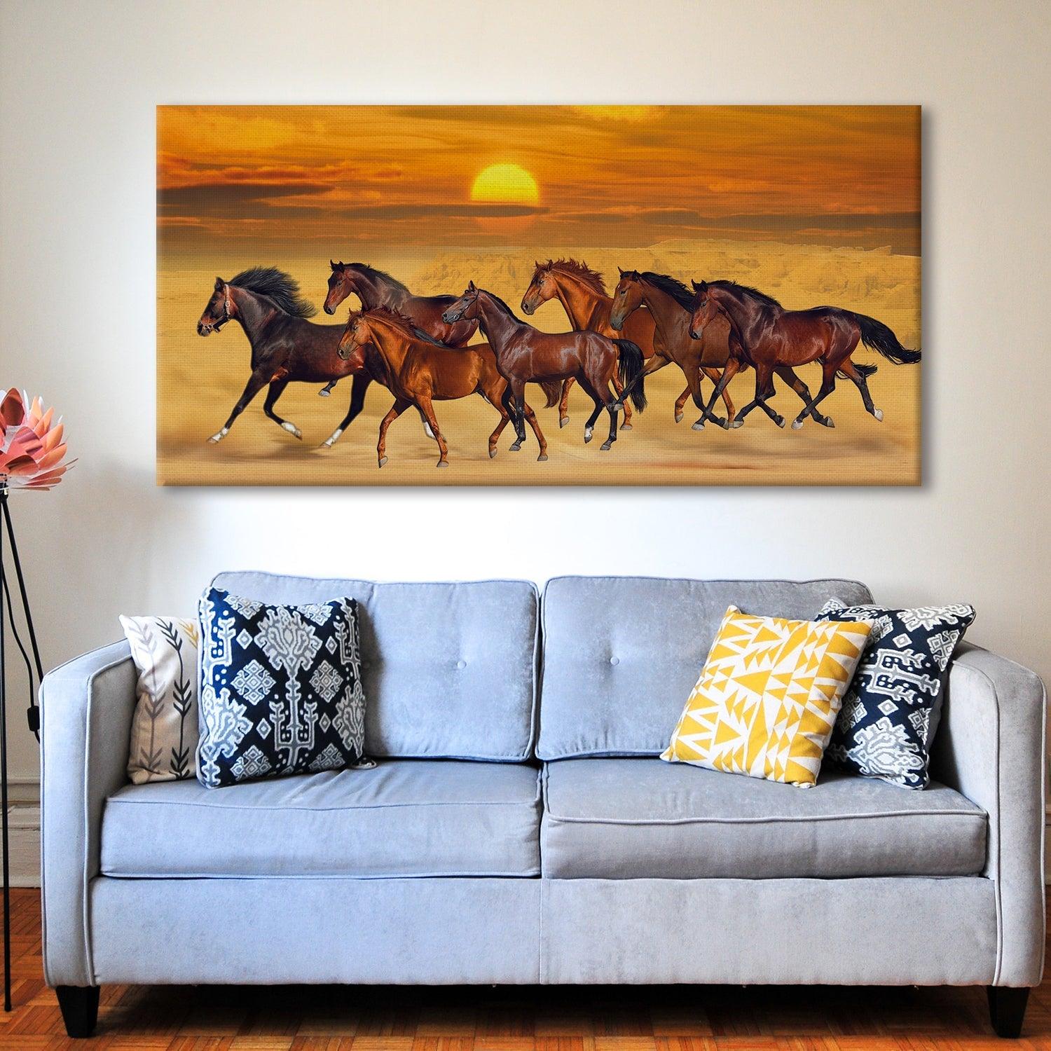 Seven Running Horses Vastu Canvas Paintings Framed For Living Room Wall Decoration (VAWA04) - Khirki.in 