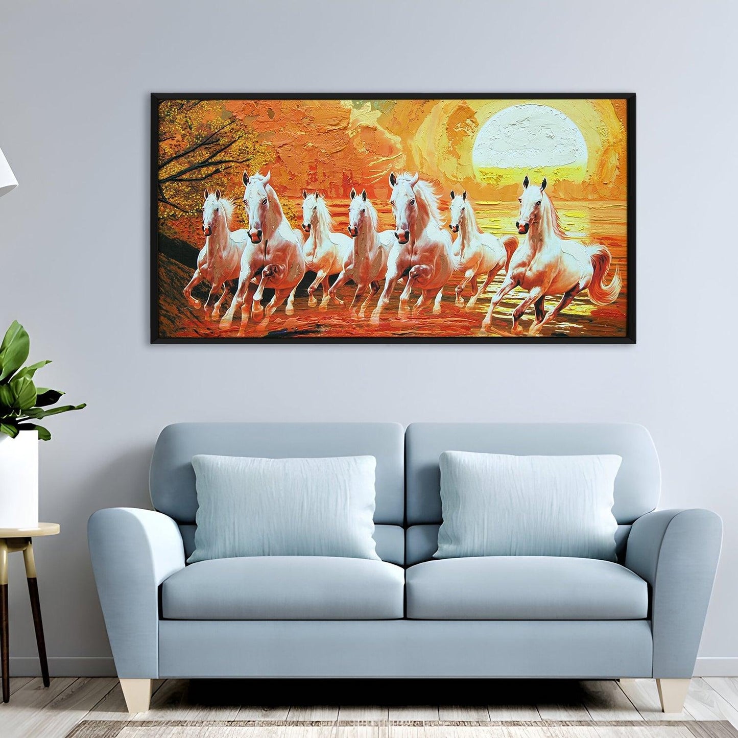 Seven Running Horses Vastu Canvas Paintings Framed For Living Room Wall Decoration (VAWA02) - Khirki.in 