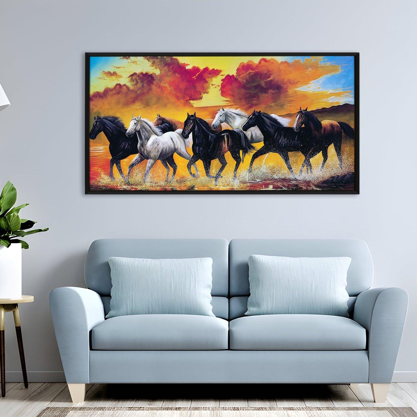 Seven Horses Vastu Canvas Paintings Framed For Living Room Wall Decoration (VAWA01) - Khirki.in 