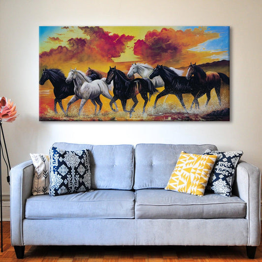 Seven Horses Vastu Canvas Paintings Framed For Living Room Wall Decoration (VAWA01) - Khirki.in 