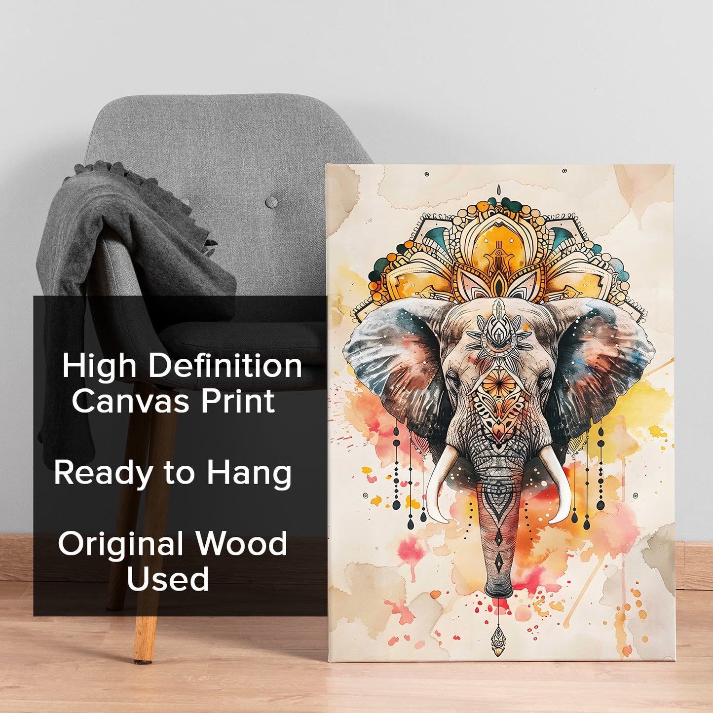 Majestic Mandala Elephant Art Painting, HD Canvas Print, Framed, Ready to Hang. (BOWA09)