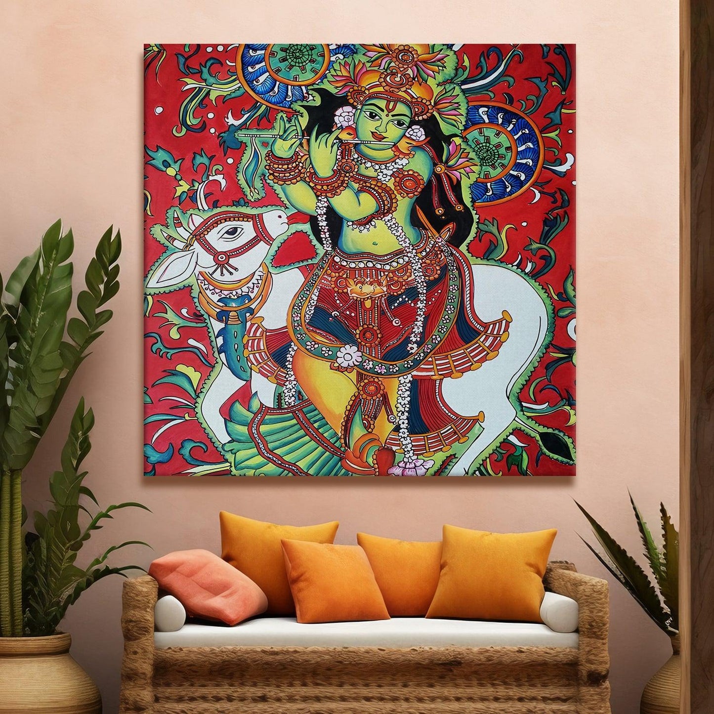 Indian Ethnic Kerala Mural Canvas Painting For Bedroom and Hotels Wall Decoration