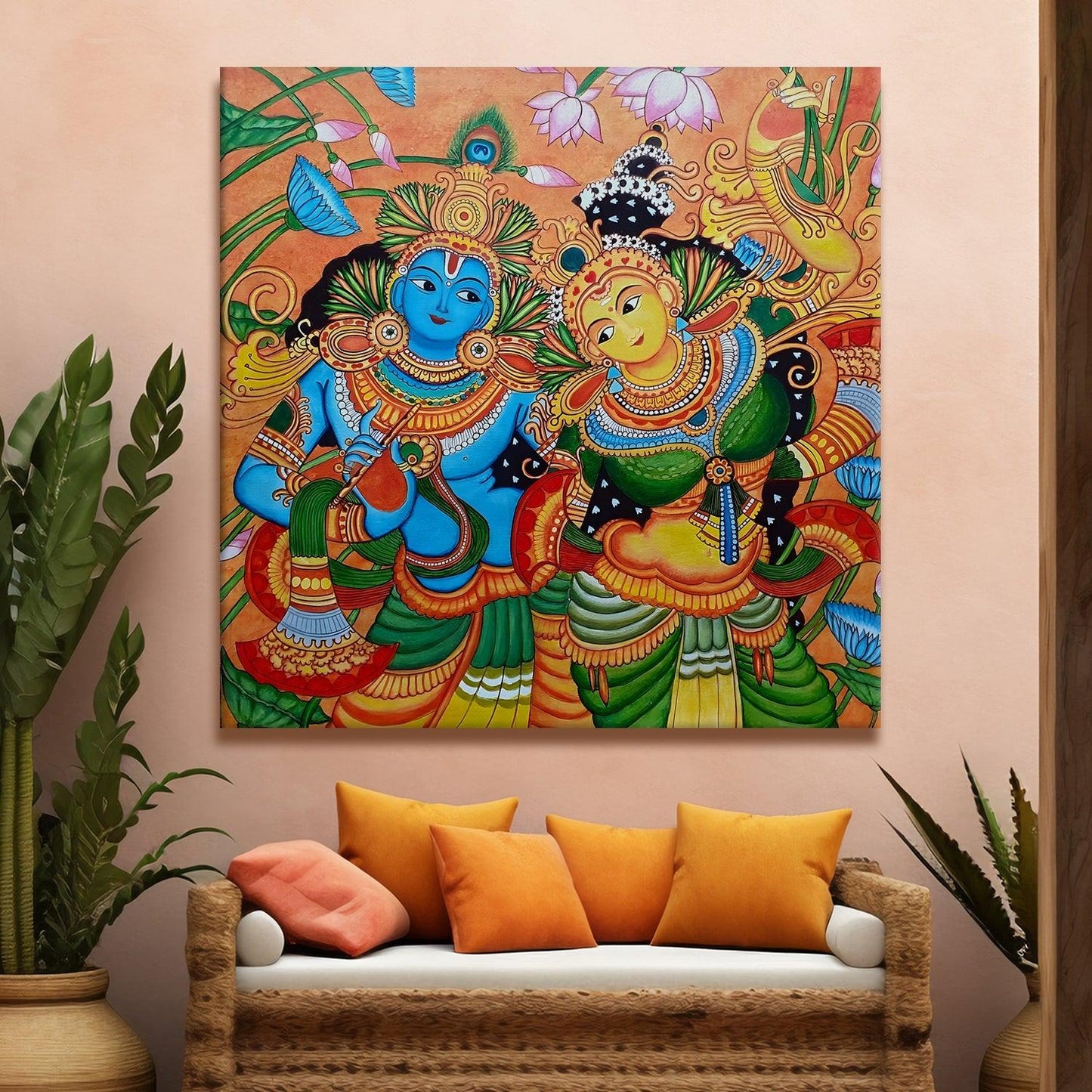 Ethnic Kerala Mural Canvas Painting For Living Room and Hotels Wall Decoration