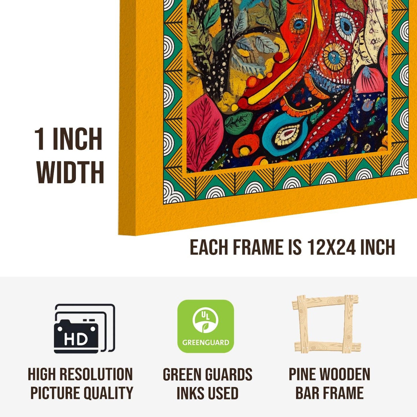 Madhubani paintings for living room. Set of 3 canvas wrapped framed madhubani art for wall decor. 12 x 24 inch x 3 frames (MDBWA001)