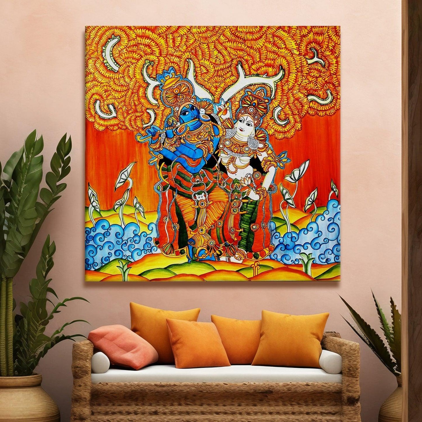 Indian Ethnic Kerala Mural Canvas Painting For Home and Hotels Wall Decoration