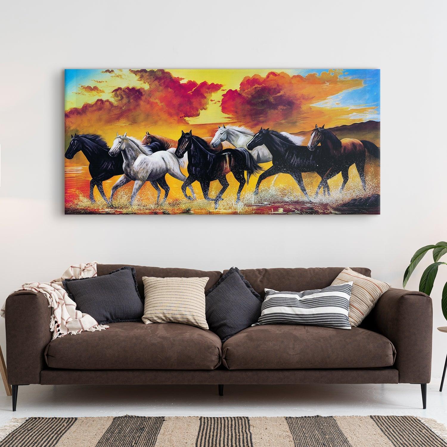 Seven Horses Vastu Canvas Paintings Framed For Living Room Wall Decoration (VAWA01) - Khirki.in 