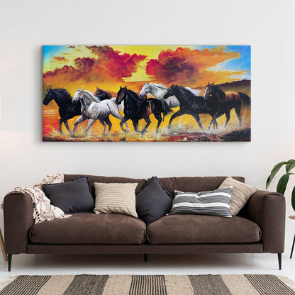 Seven Horses Vastu Canvas Paintings Framed For Living Room Wall Decoration (VAWA01) - Khirki.in 