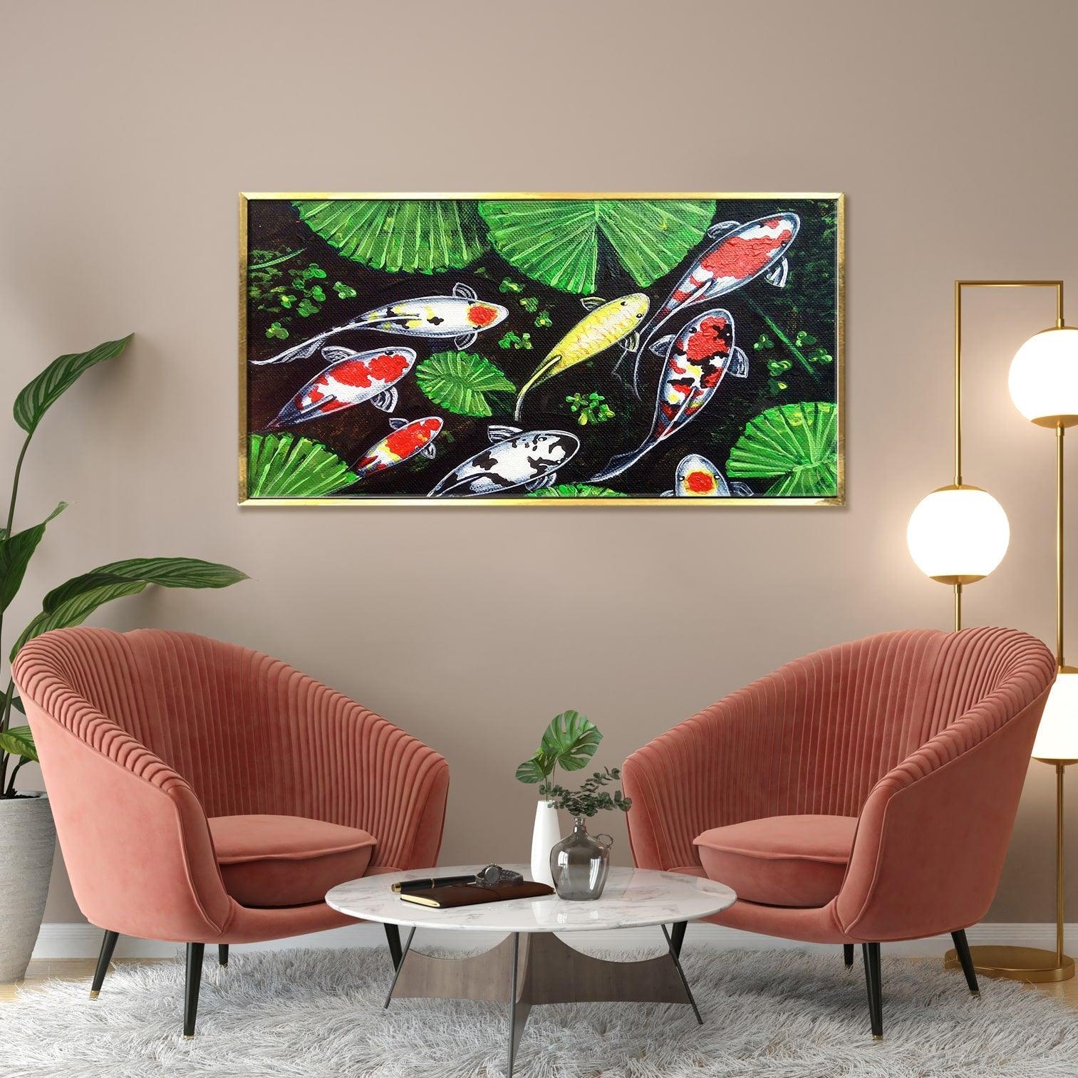 Feng Shui Koi Fish Canvas Painting Framed For Living Room