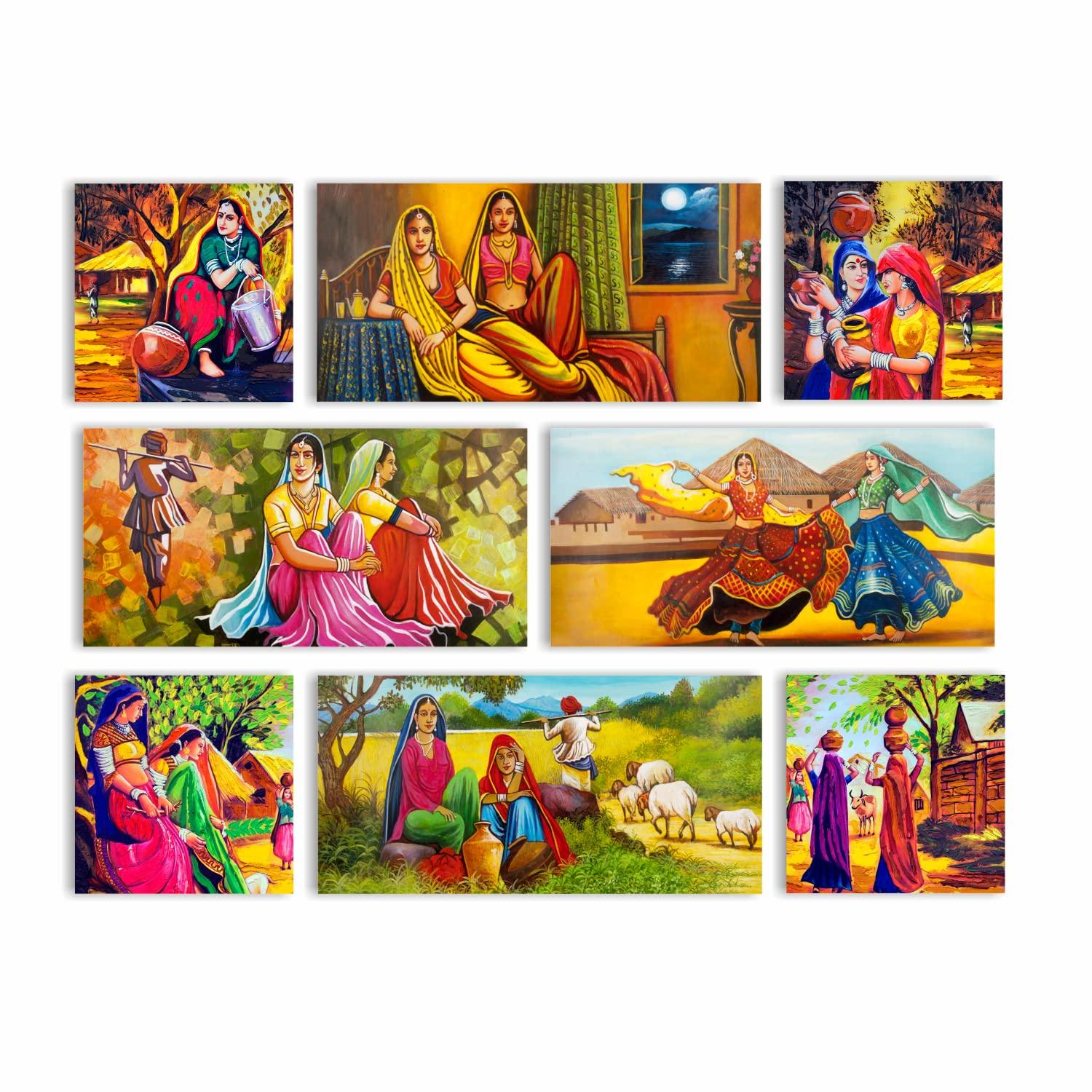 Ethnic Indian Village Canvas Painting Frame for Living Room
