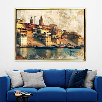 Ethnic Traditional Indian Varanasi Ganga Ghat Banaras Large Wall Art Canvas Painting For Home Decor