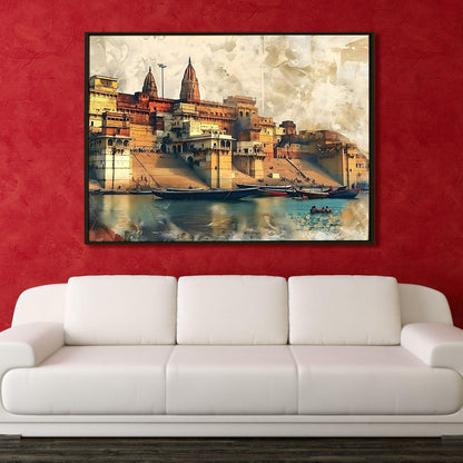 Ethnic Traditional Indian Varanasi Ganga Ghat Banaras Large Wall Art Canvas Painting For Home Decor