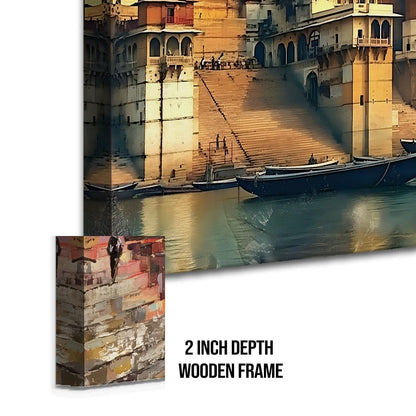 Ethnic Traditional Indian Varanasi Ganga Ghat Banaras Large Wall Art Canvas Painting For Home Decor
