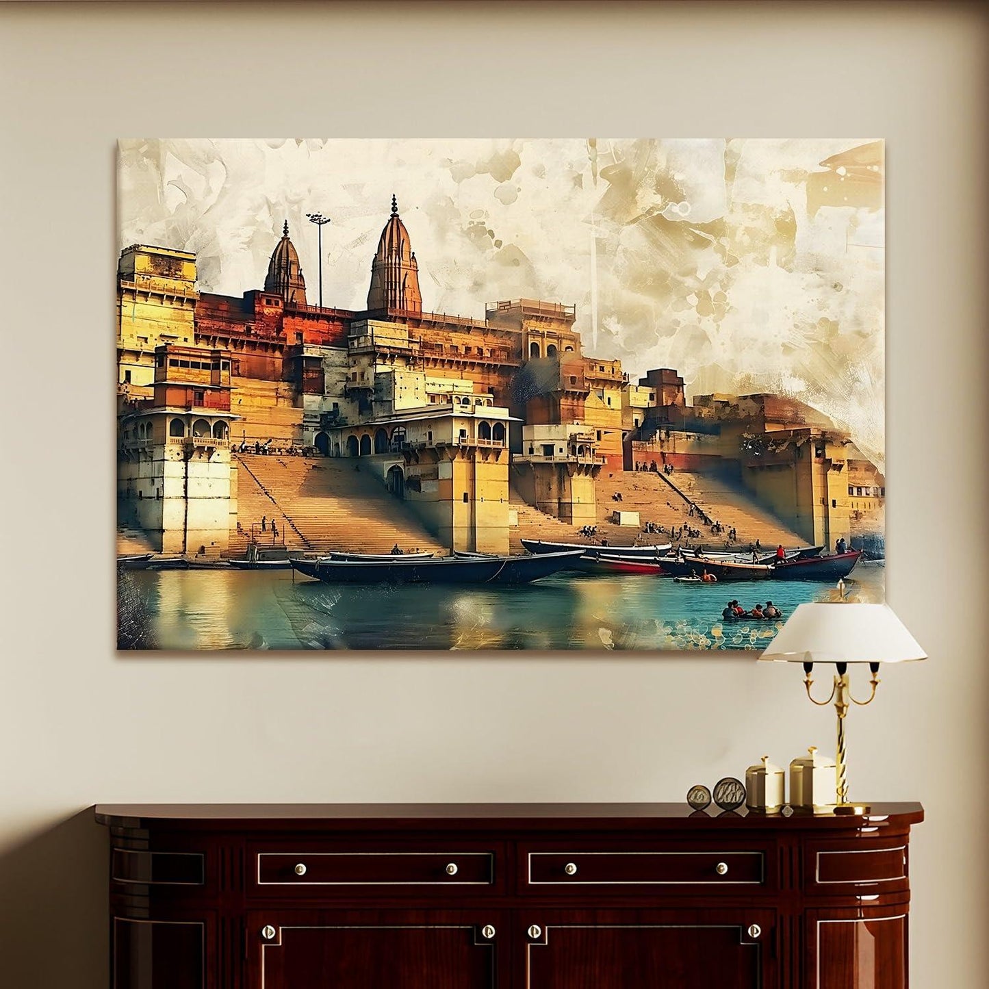 Ethnic Traditional Indian Varanasi Ganga Ghat Banaras Large Wall Art Canvas Painting For Home Decor