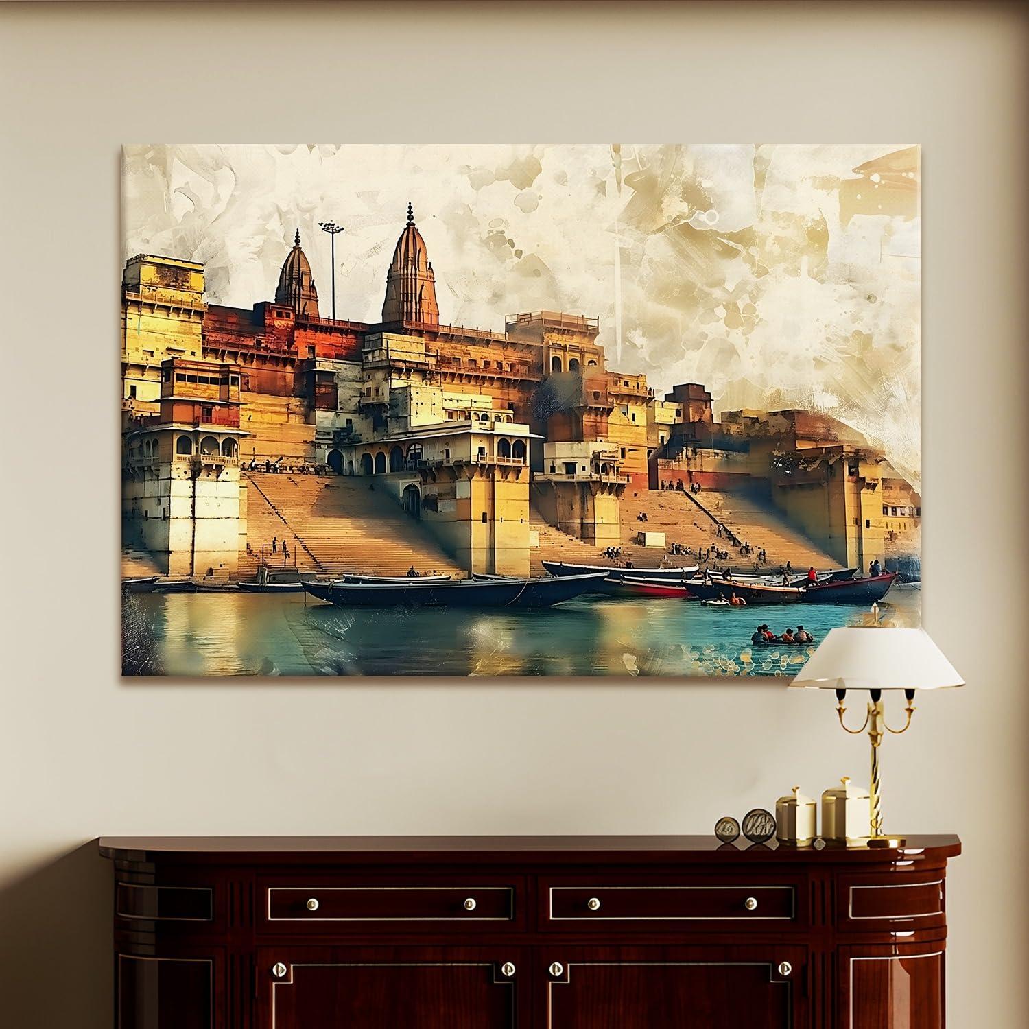 Ethnic Traditional Indian Varanasi Ganga Ghat Banaras Large Wall Art Canvas Painting For Home Decor