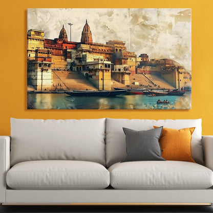 Ethnic Traditional Indian Varanasi Ganga Ghat Banaras Large Wall Art Canvas Painting For Home Decor