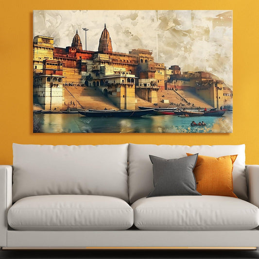 Ethnic Traditional Indian Varanasi Ganga Ghat Banaras Large Wall Art Canvas Painting For Home Decor